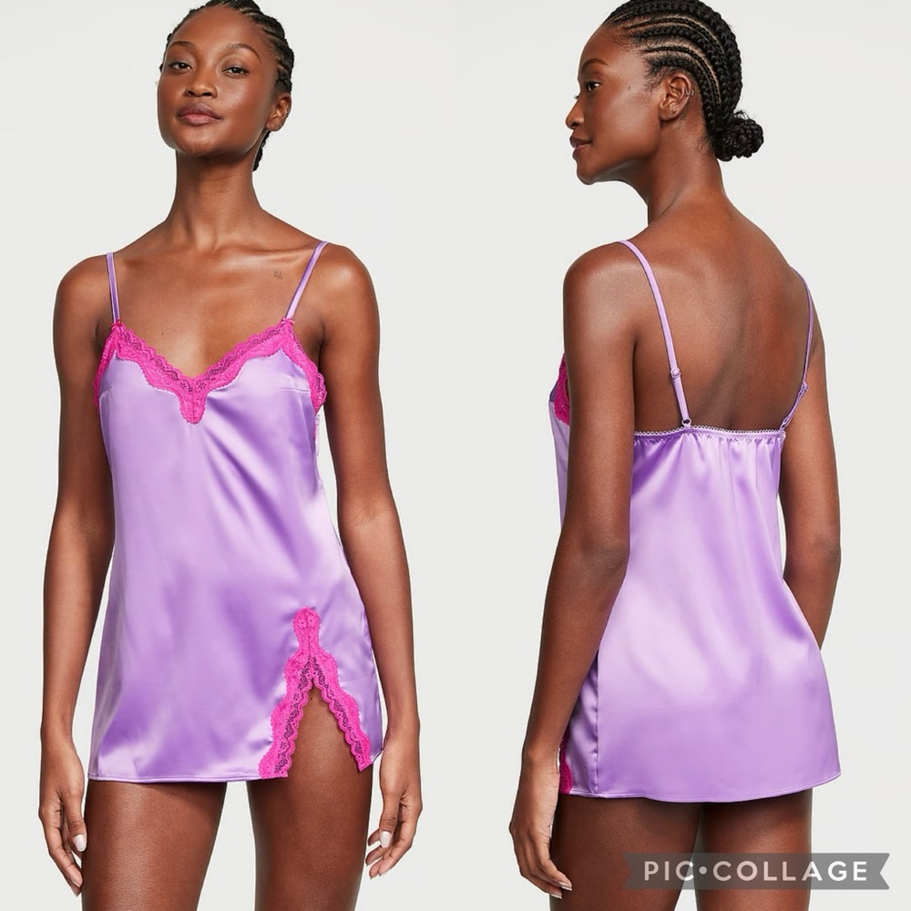 Victoria’s Secret Sexy Fun & Flirty Satin Lace-Trim Mini Slip Chemise Size Med